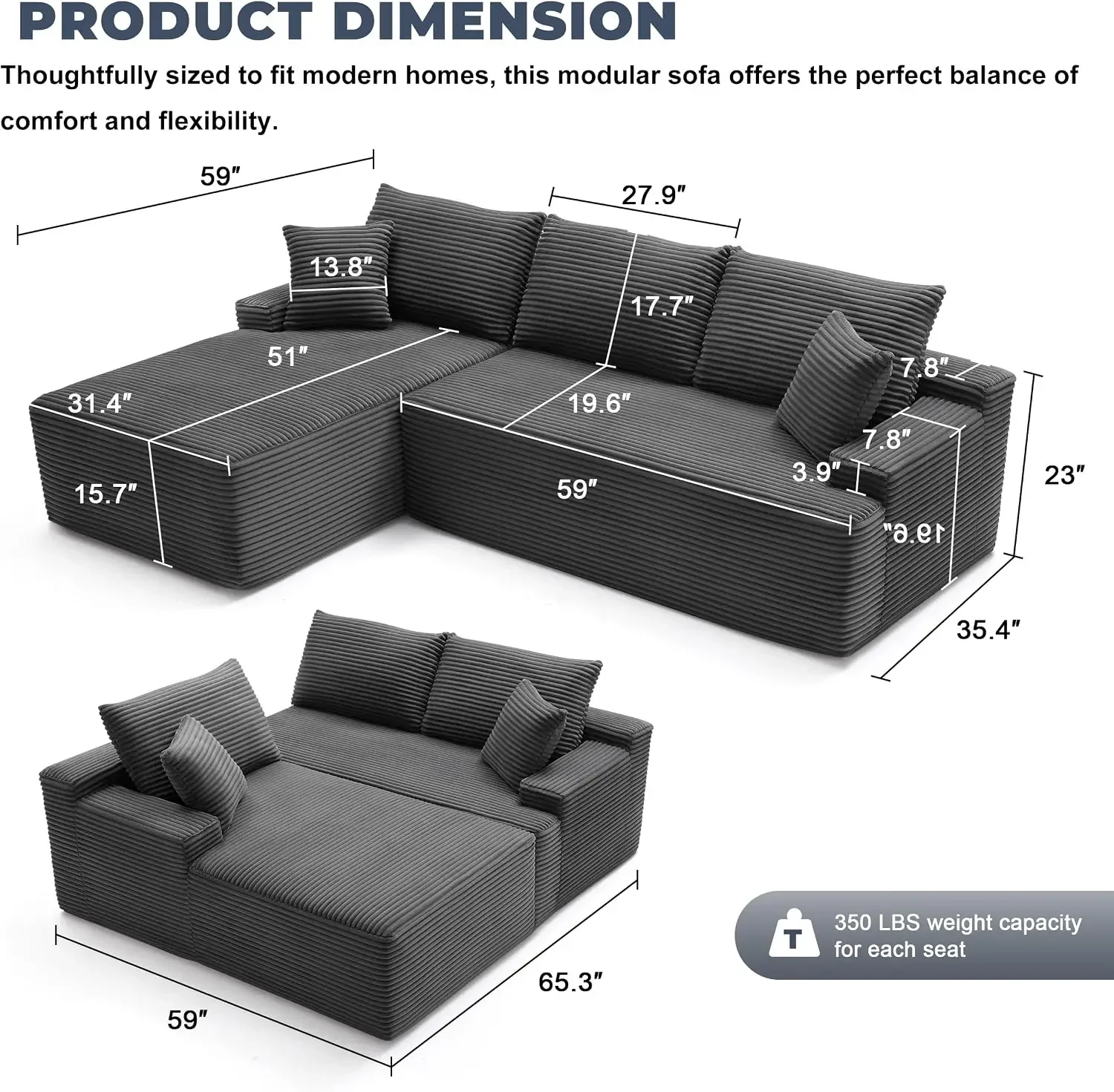 Cloud Sectional Sofa, Boneless Couch for Living Room, Dark Grey | L Shaped Modular, Left Facing Chaise, Deep Seat & Back Support