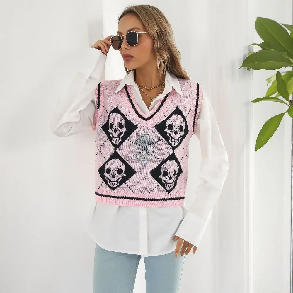 Jersey de punto con estampado de rombos y Calavera, chaleco sin mangas de estilo Preppy, cuello en V, gótico, Y2K, Otoño, negro/rosa