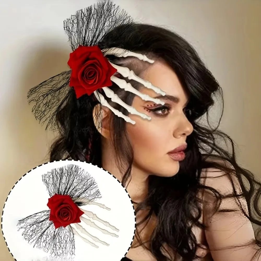 Vintage Gothic Skull Hair Clip with Faux Roses Lace Fashionable Side Hairpin for Party Halloween Decor Everyday Hair Accessories - view 4