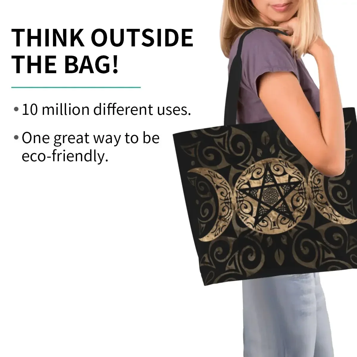 Fashion Triple Moon Goddess Pentagram Shopping Tote Bags Recycling Pagan Wiccan Canvas Grocery Shoulder Shopper Bag