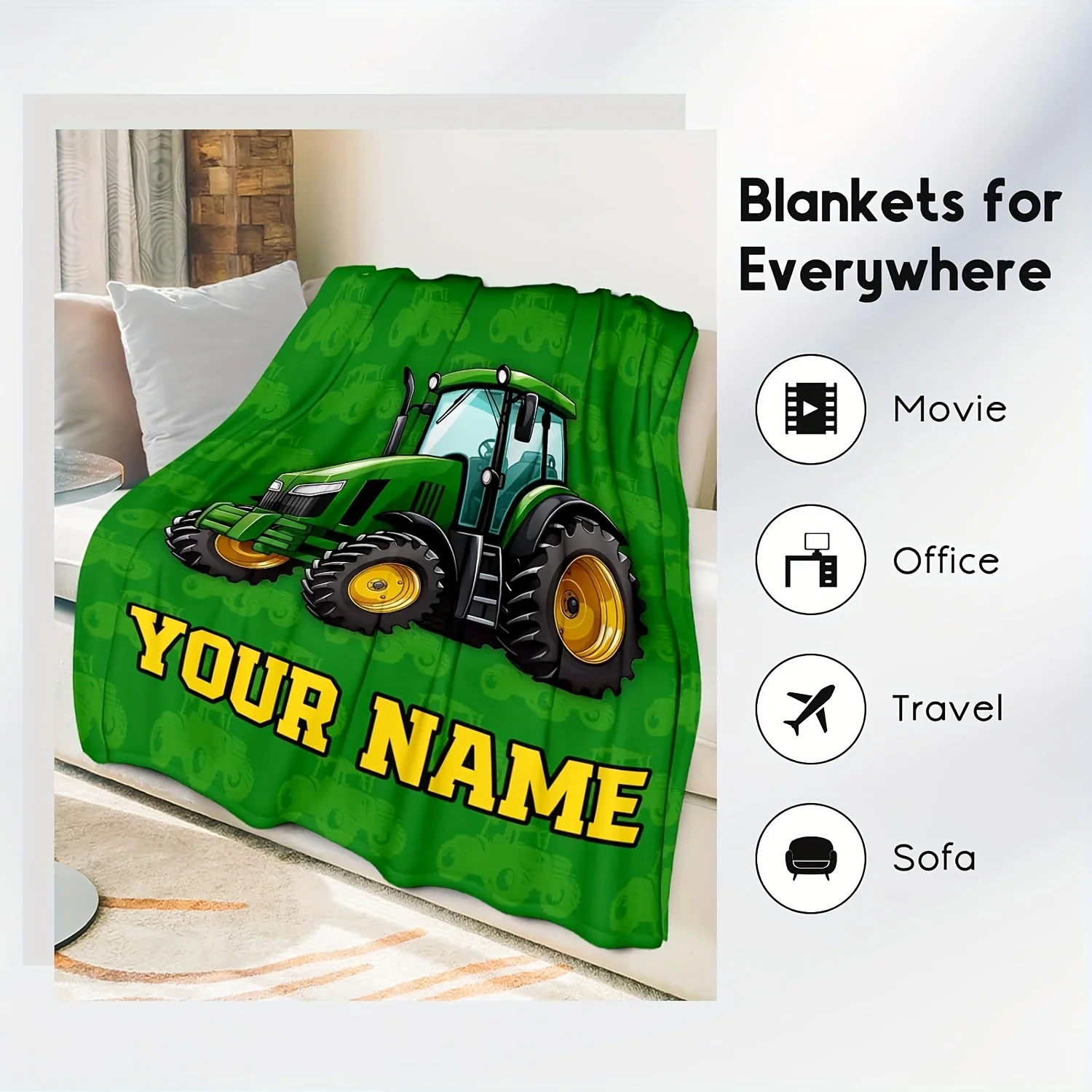 Green tractor blanket, customizable for movie nights, office trips, or sofas! There are 4 sizes to choose