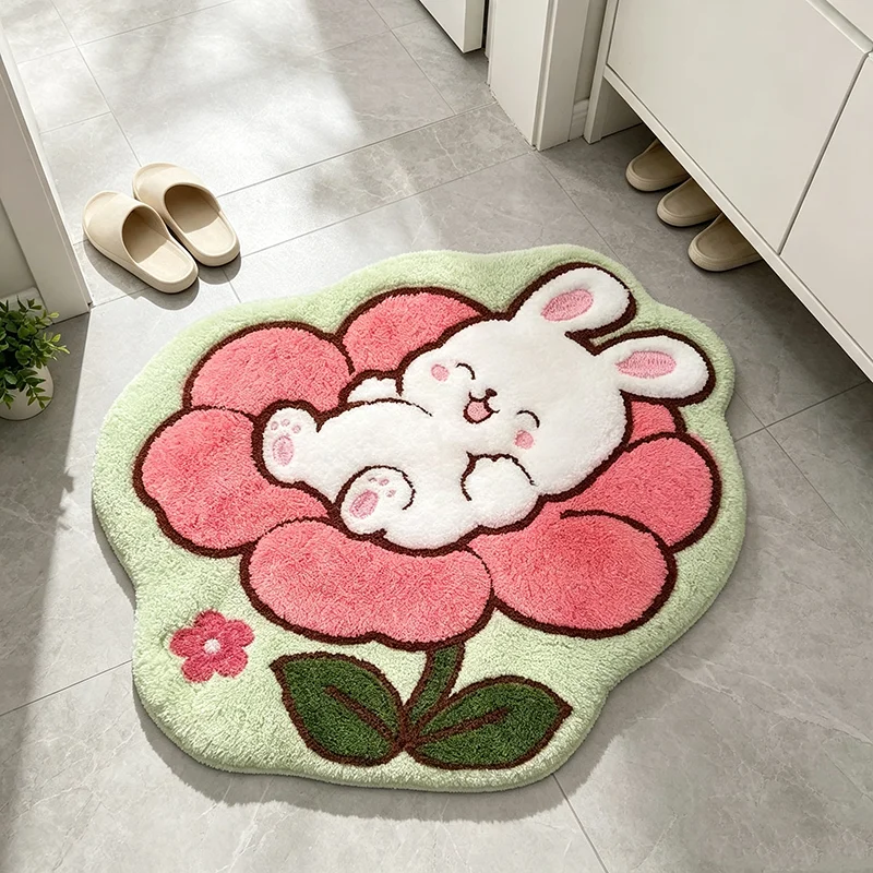 VIKAMA Cute Rabbit On Flower Shaped Plush Bath Mat Anti-Slip Absorbent Cartoon Animal Bedroom Bathroom Floor Decor Rug Home