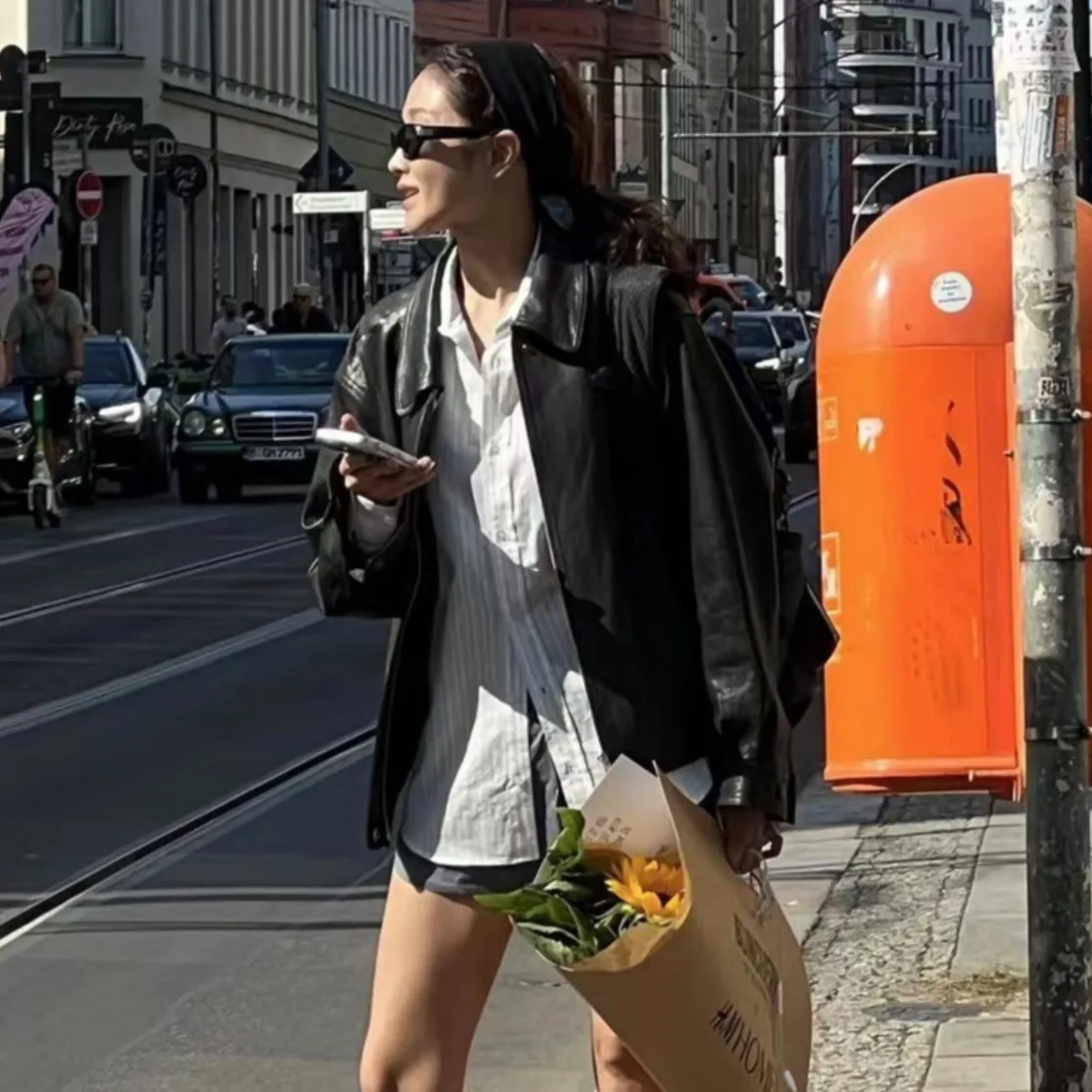 Retro American Sle Motorrad PU Leder Jaet Damen Bla Vintage Feel Oberbekleidung Long Sve Loose Fit Reißverschluss