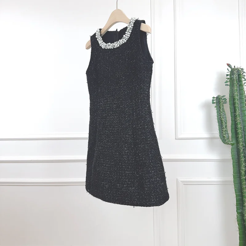 Women Fragrance Black Round Neck Pearl Collar Sleeveless Tweed Dress Fashion Sweet Vintage French Wedding Party Short Dress