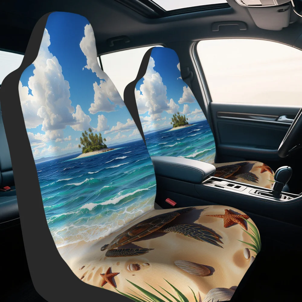 2pcs Tropical Beach Sea Turtle Ocean Landscape Car Seat Covers - Foldable Soft Polyester, Vibrant & Green Design With Palm Trees