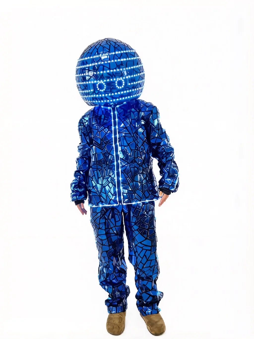 

Blue LED Disco Mirror Helmet Silver Glossy Mirror Clothing Nightclub Stage Party Festival Performance Jacket Set