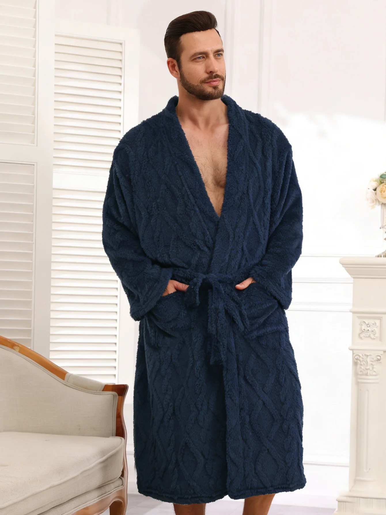 Thickened Plush Fleece Bathrobe Women Men Cable Jacquard Long Sleeve V Neck Belted Pockets Warm Winter Loungewear