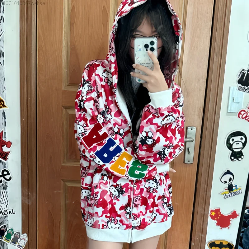 Sanrio Hello Kitty Fashion American Design 100% Cotton Print Camo Zipper Hooded Sweater for Women Men Y2k Oversize Loose Hoodie