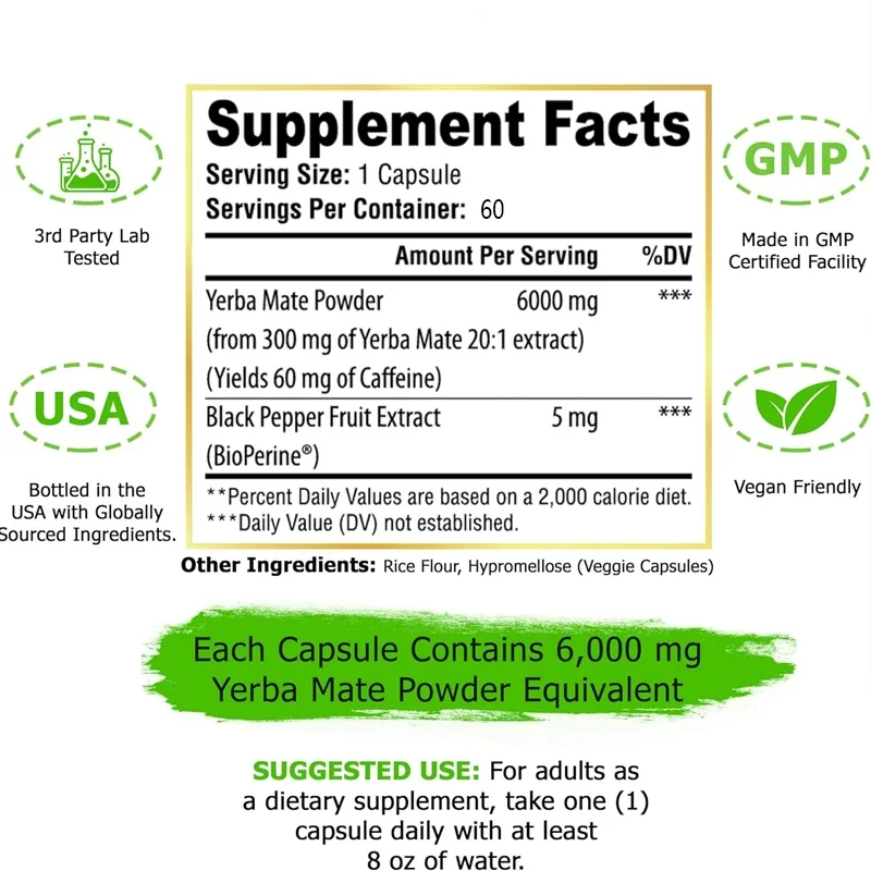 6000mg Extra Strength Yerba Mate High Potency, 60mg Caffeine, Used To Clean Natural Energy and Improve Attention