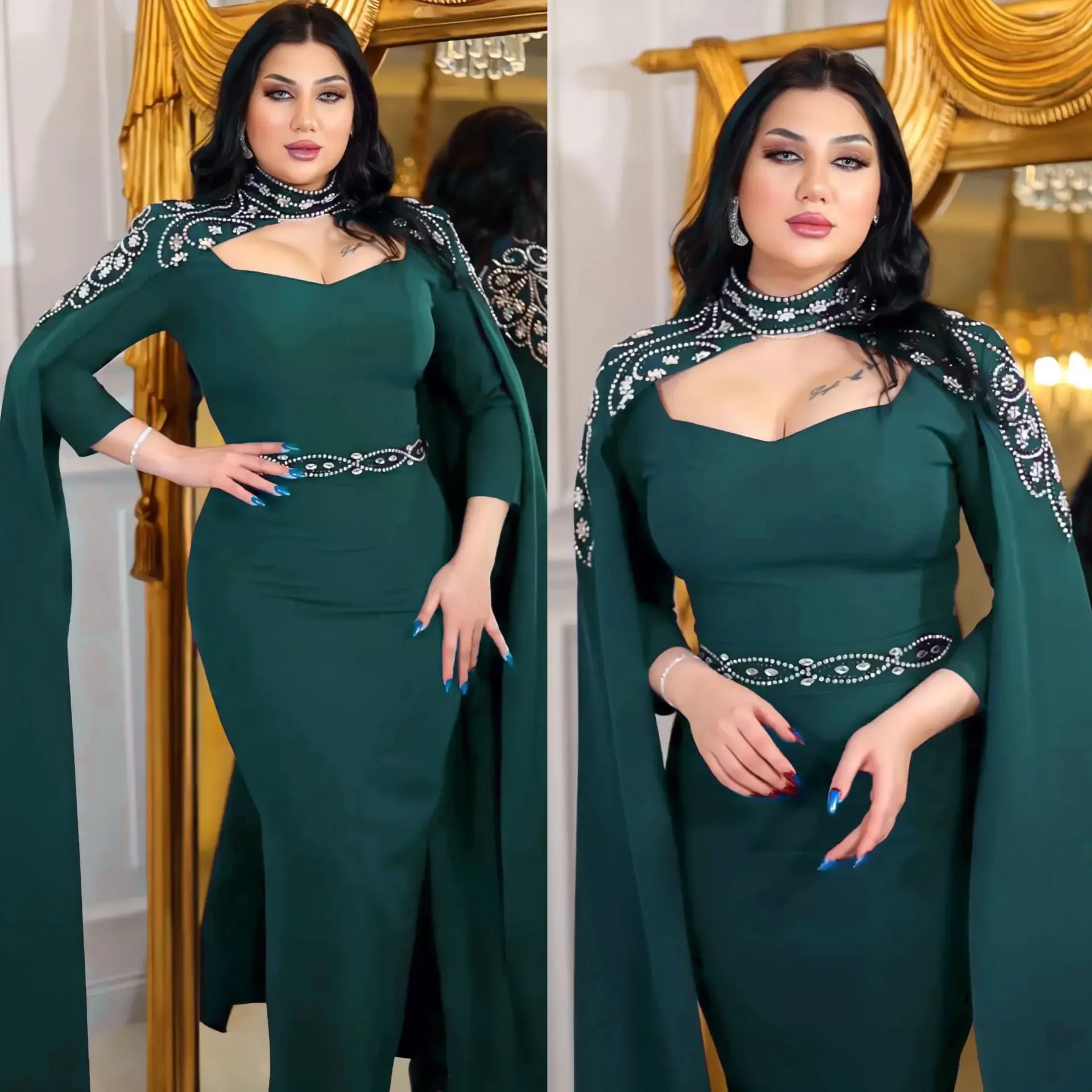 Diamonds Abayas Cape Sleeve Maxi Dress for Dubai Women Muslim Evening Party Kaftan Eid Mubarak Caftan Islam Jalabiya Vestidos