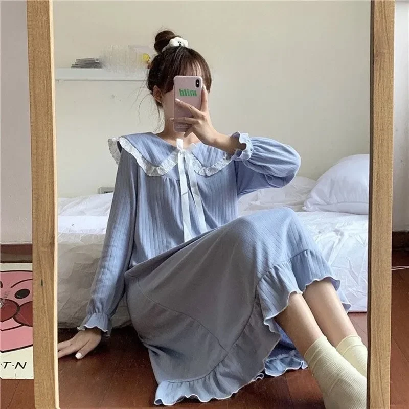 

Ns Style Long-Sleeved Knee-Length Nightgown Women's Pajamas Spring And Fall Fairy Court Doll Collar Princess Style Homewear