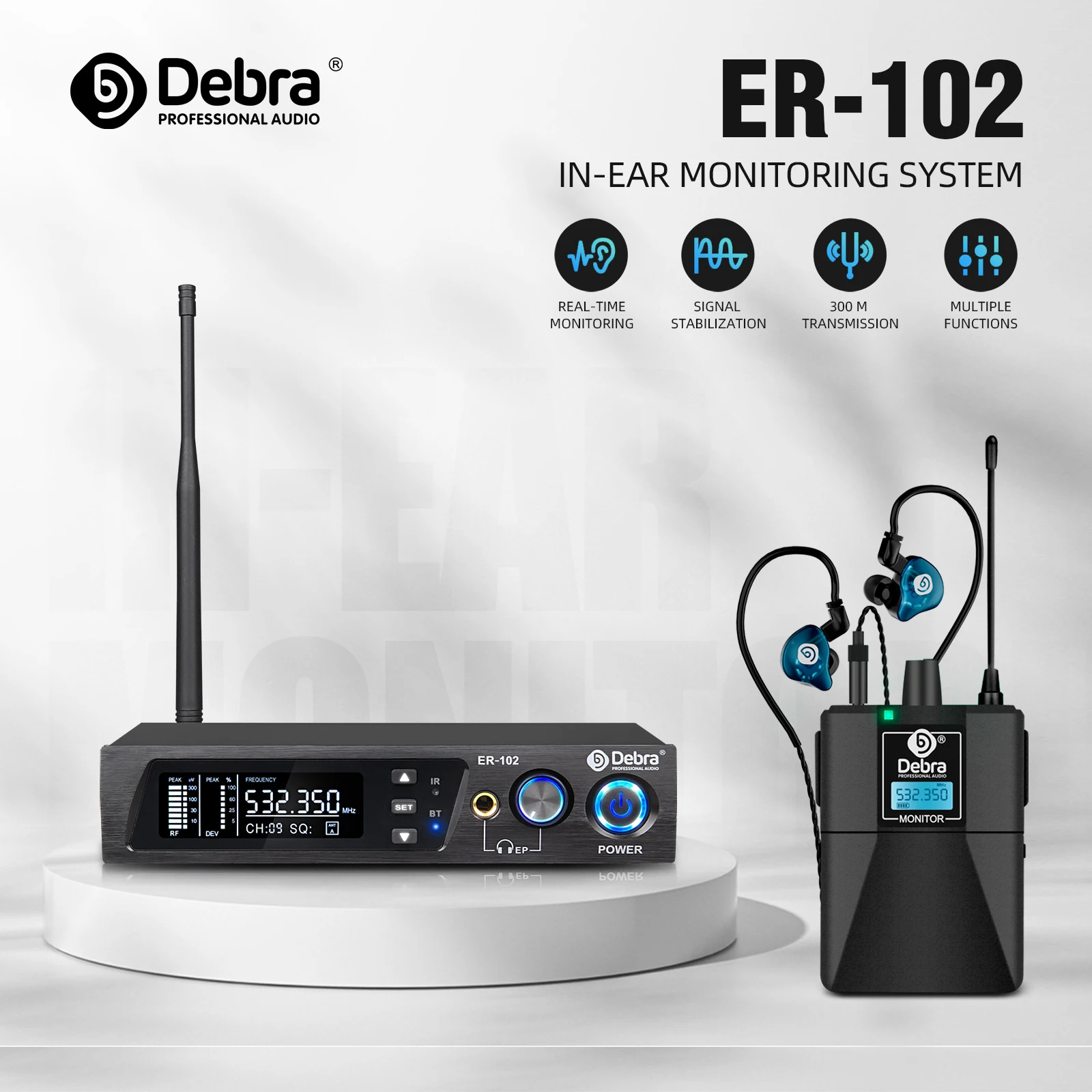 Debra ER-102 UHF In-Ear Drahtloses Monitoring-System mit Mehrfach-Sendern für Bühnenauftritte und Kirchen – Detail 1
