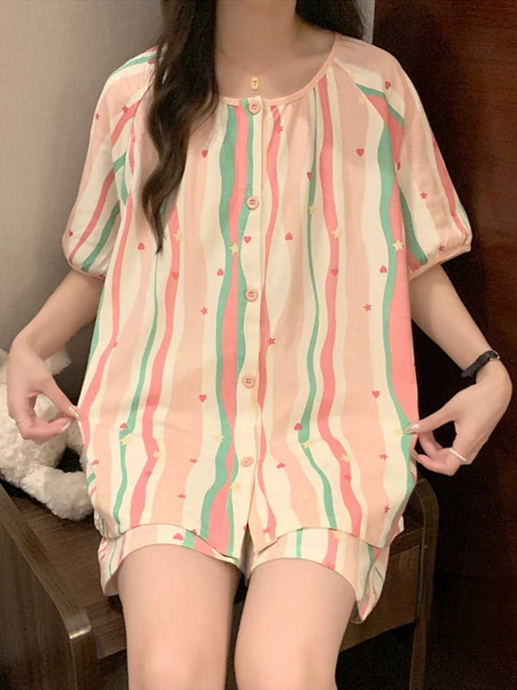 Baggy Summer Pajama Sets Women Casual Sweet Home Print Sleepwear Casual Korean Fashion Soft Breathable College Girls Clothing