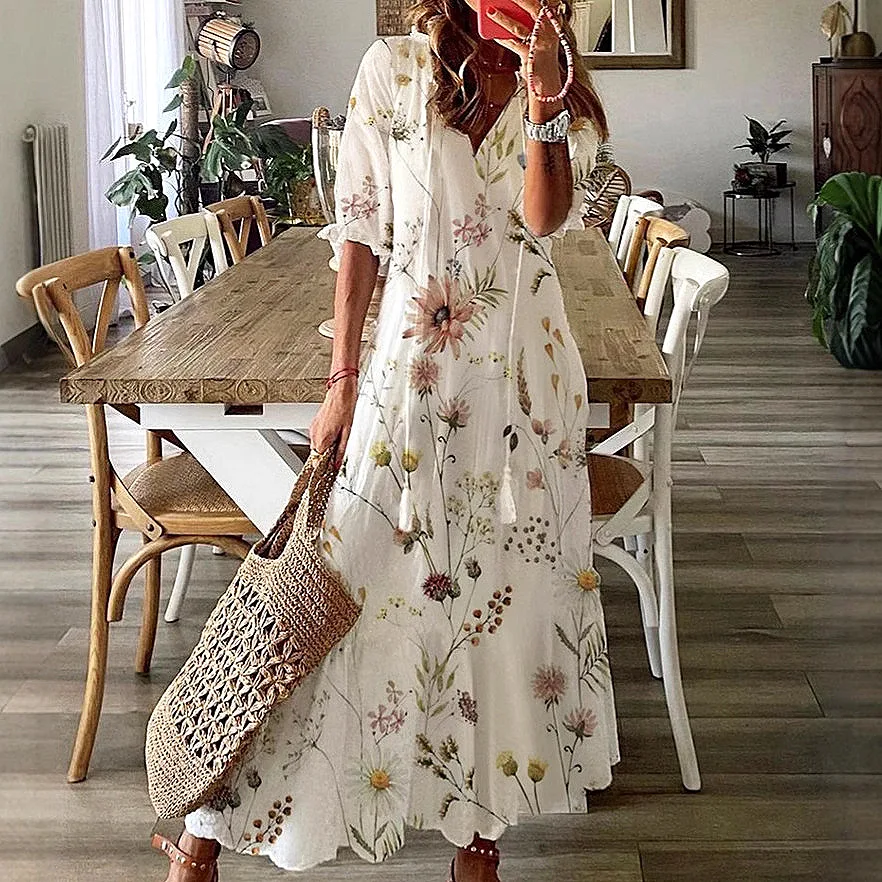 

New printed short-sleeved dress with irregular lace women's long dress fashionable simple luxury temperament elegant high-end re