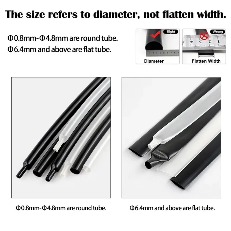 1/5/10m 2:1 PVDF Heat Shrink Tube Dia. 0.8~ 25.4mm Black/Transparent 600V Oil Resistant High Temperature Cable Protector Sleeve