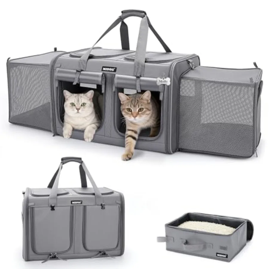 

2 Cat Carrier with Litter Box Expandable Dual Compartment Cat Carrier for 2 Cats Large Soft Sided Double Pet Carrier for Car Tr