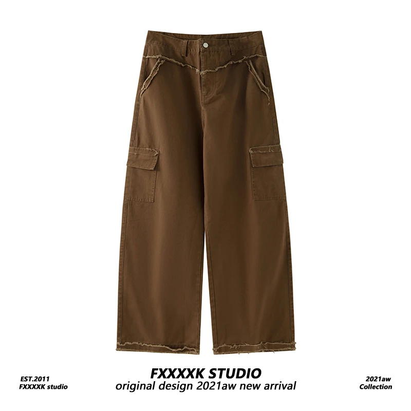 

FXK Original American Retro Creative Design Frayed Hem Loose BF Wide Leg Casual Pants Ethnic Men's Clothing Summer 2024