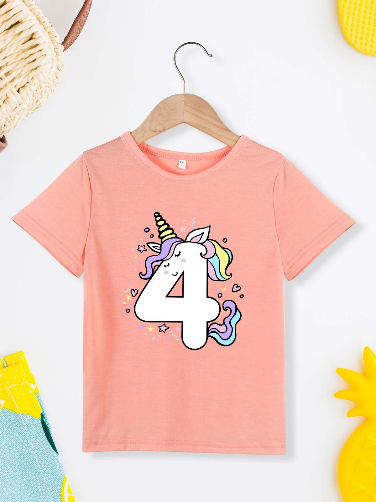 Cartoon Unicorn Creative Toddler Girl Clothes 4 Year Kawaii Harajuku Fashion Birthday T-shirts Pink O-neck Tops Summer