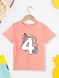 Cartoon Unicorn Creative Toddler Girl Clothes 4 Year Kawaii Harajuku Fashion Birthday T-shirts Pink O-neck Tops Summer