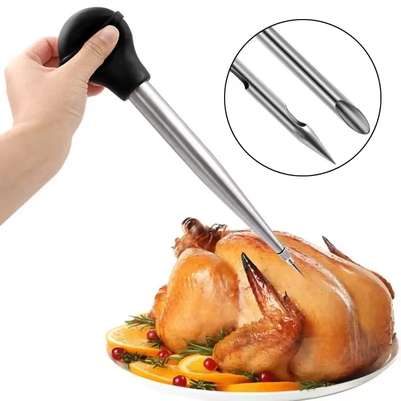 Turkey Needle Turkey Seasoning Pump Bbq Tool  Silicone Drip Seasoning Tube With Cleaning Brush Stainless Steel Turkey Pin