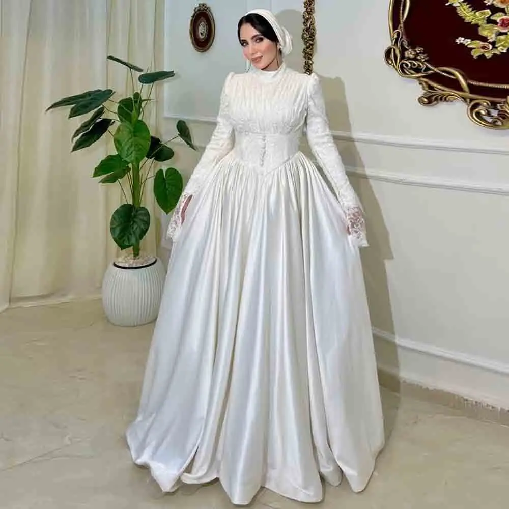 Customized White Modest Muslim Wedding Dress High Neck Long Sleeve Lace Beaded Satin Ball Gown Islamic Hijab Bridal Gown