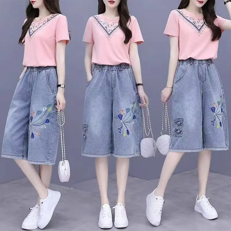 

Retro Embroidered Denim Five-point Pants Women's New Large-size High-waisted Thin Loose Denim Wide-leg Pants Ladies Jeans Shorts