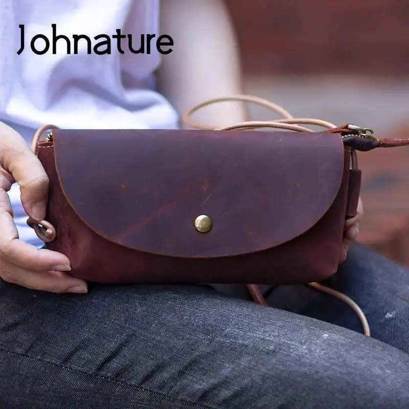 Johnature Handmade Genuine Leather Simple Small Bag 2024 New Retro Real Cowhide Solid Color Versatile Shoulder & Crossbody Bags