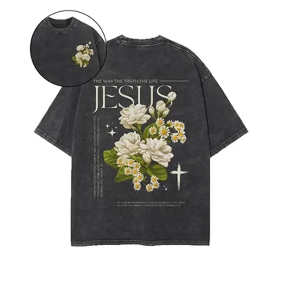 Jesus Flower Printed T-shirt Harajuku Washed Oversized T Shirt Summer Casual Short Sleeve Cotton Tees Tops Men Women Clothing