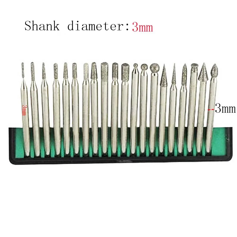 20PCS 3mm Diamond Point Burr Bits Head Dremel Accessories Shank Grinding Needle Carving Polishing Set Mounted Mini Drill Tool