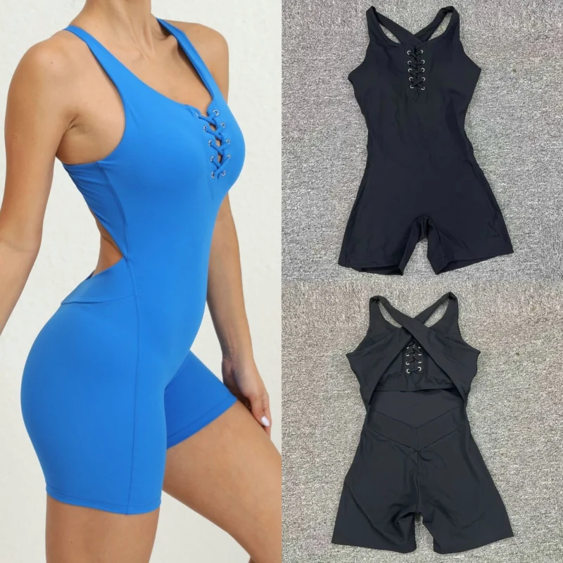 

Tight Strap Backless Shorts Jumpsuit Woman Sport Running Fitness Clothes Women V Neck Sleeveless Jumpsuits Lady Yoga Clothing