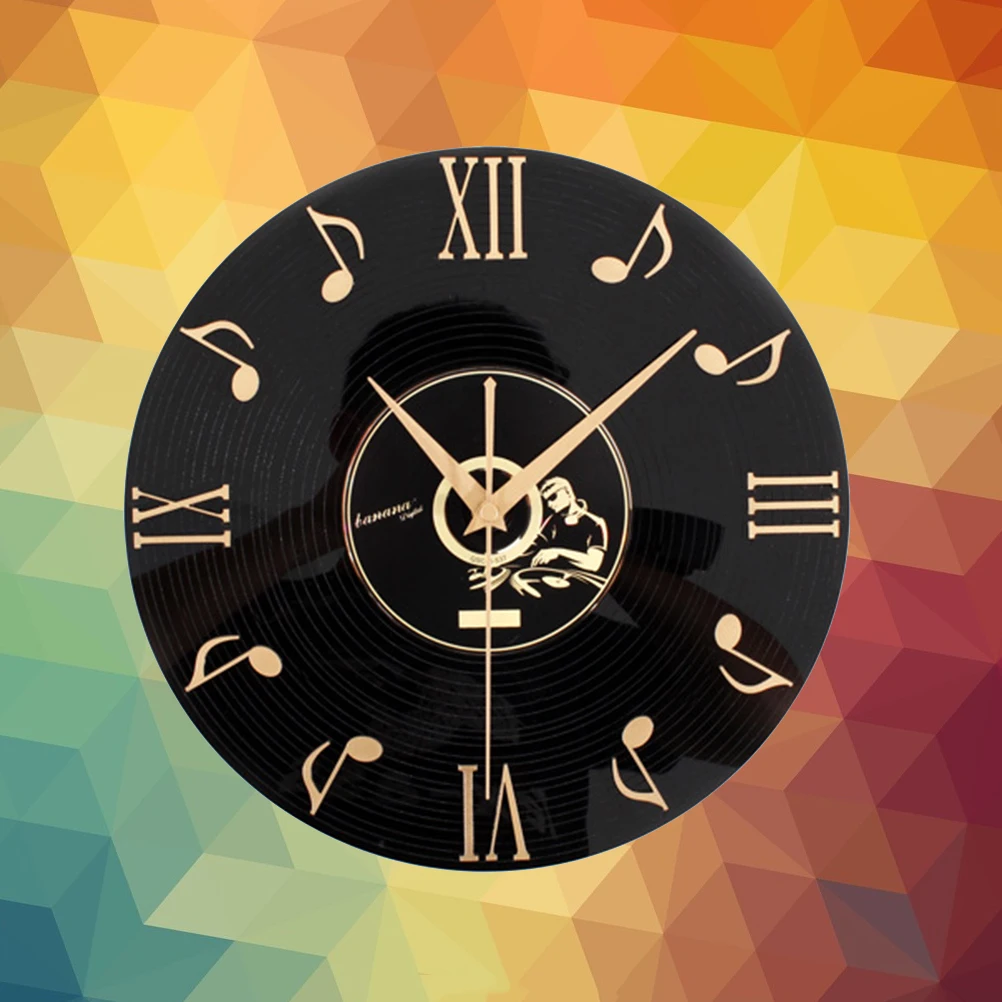 

Golden Black Vinyl Record Wall Clock 3D Note Design Home Office Decorative Large 25Cm Pvc Clocks Creative
