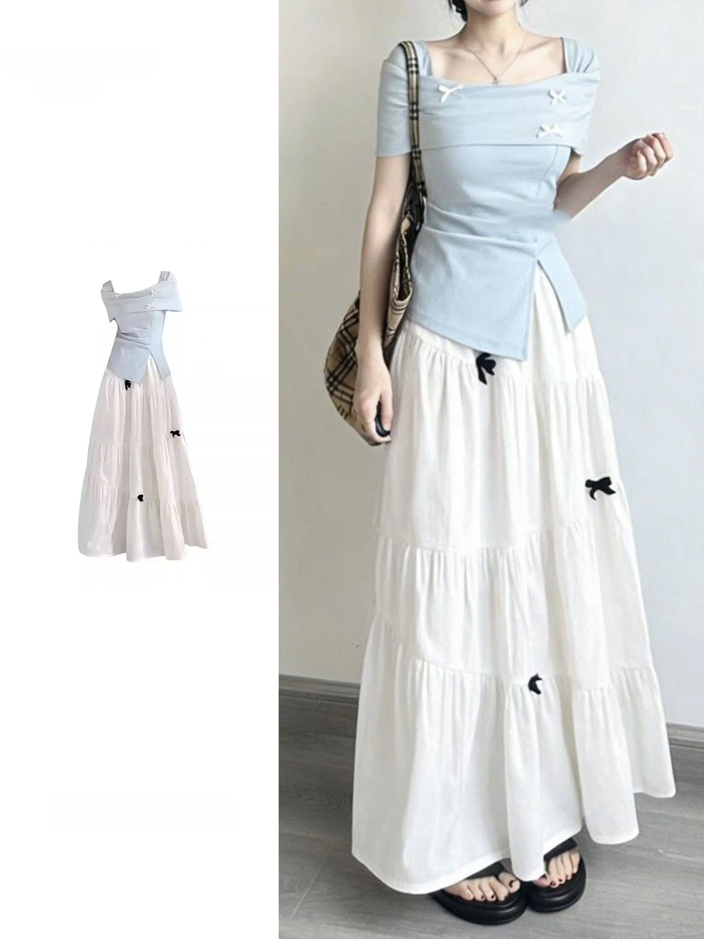 

Blue Summer Short Sleeve T-Shirt Women's High Waist Knot Half Skirt Two-Piece Set Square Collar plus Size Fashion