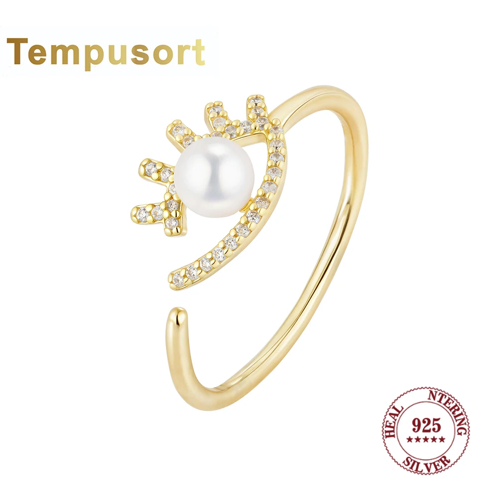 

Кольцо Tempusort из стерлингового серебра 925 пробы с натуральным пресноводным жемчугом и цирконом, регулируемый открытый дизайн, женские элегантные модные украшения