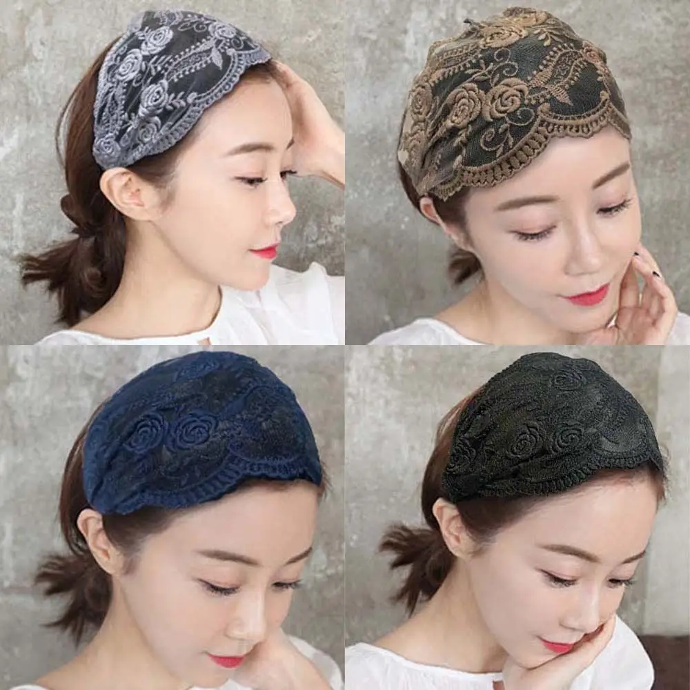 

Non Slip Lace Flower Headband Hair Hoop Transparent Mesh Hollow Hairbands Korean Style Headdress Wide Side Head Wrap