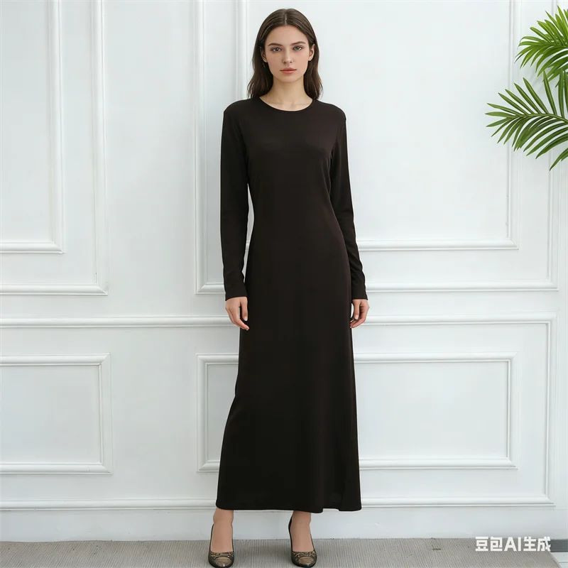 

New Stretch Solid Color Muslim Dress Modest Women Long Sleeve Under Dresses Dubai Abaya Turkey Kaftan Ramadan Eid Islam Clothing