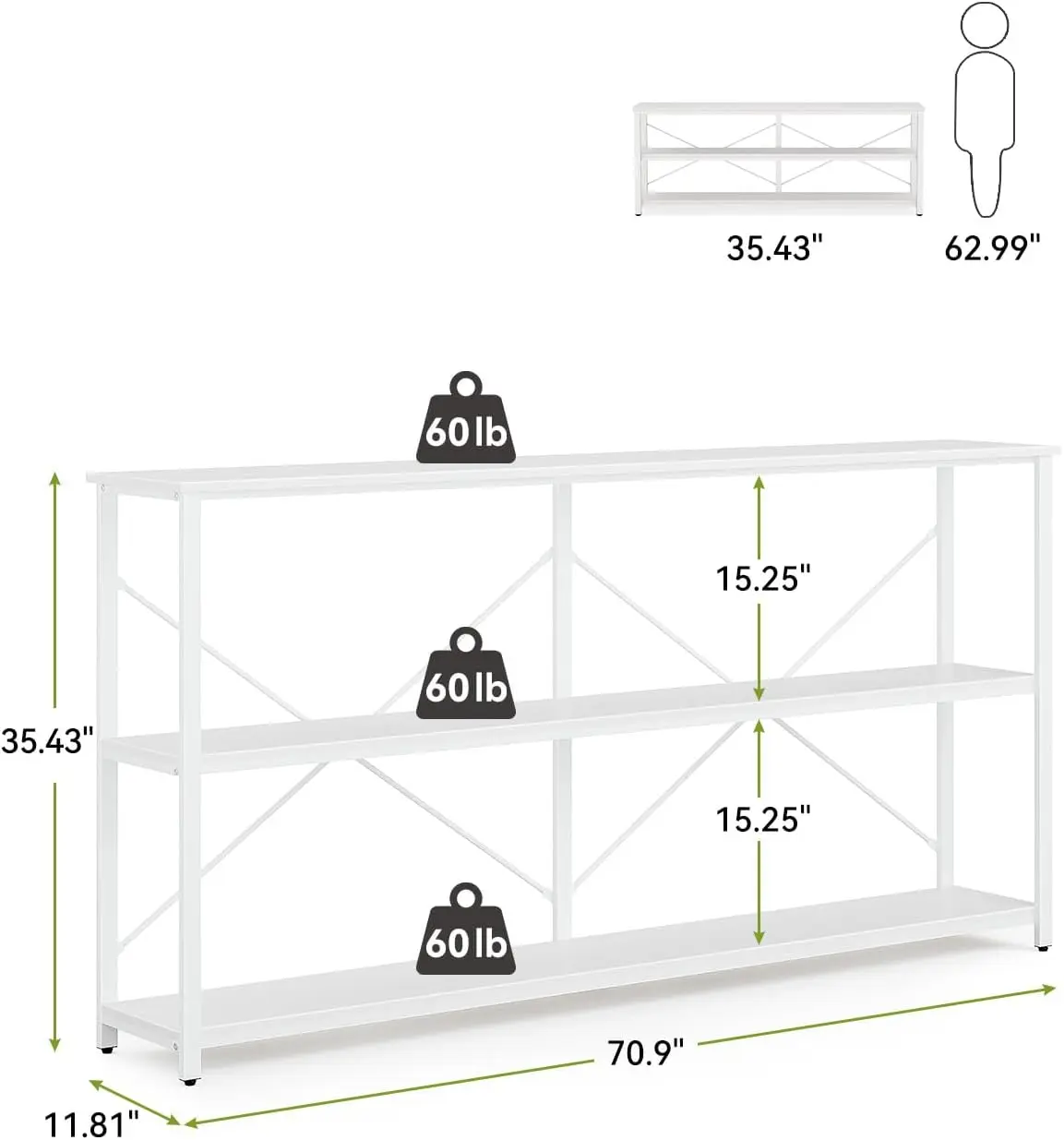 70'' Narrow Long Sofa Console Table With 3-Tier Storage Shelf For Living Room, White