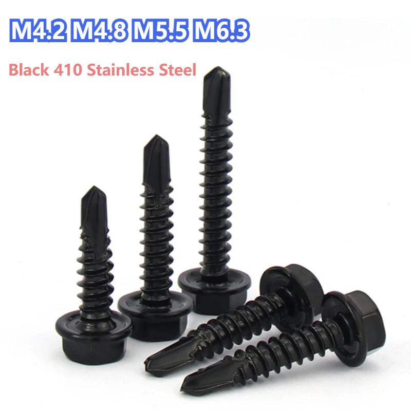 Black 410 Stainless Steel Hex Washer Head Outer Hex Hexagon Self Drilling Screws M4.2 M4.8 M5.5 M6.3 Drill Tail Screws 20/50pcs