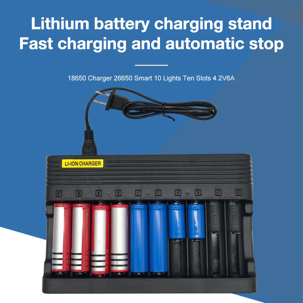 10 Slots Battery Charger Indicator Light for 18650 26650 25500 16340 14500 10440 17500 Rechargeable Batteries EU US Plug Charger