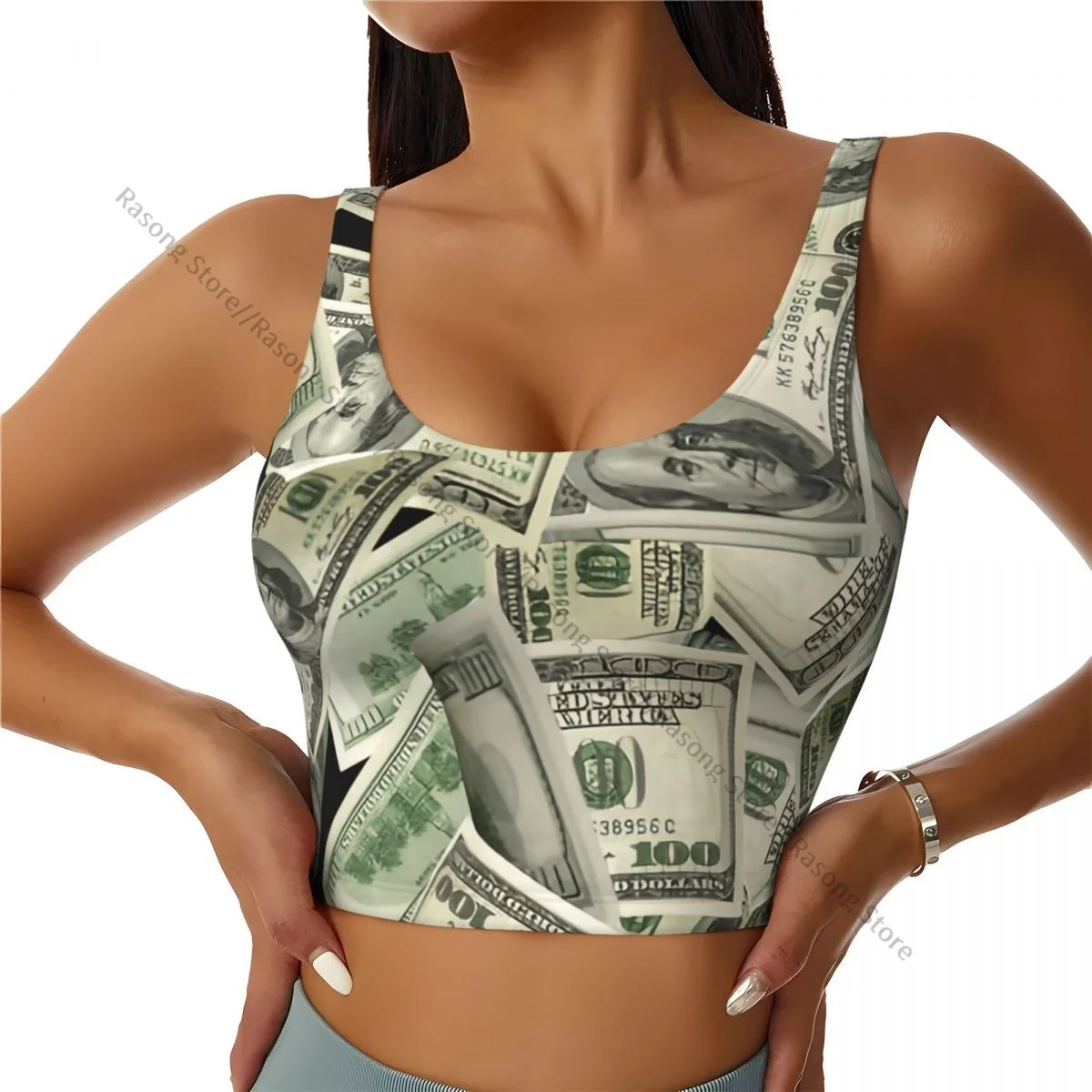 Women Sexy Sports Vest American Money Pattern Female Streetwear Sport Lingerie Tee Crop Top