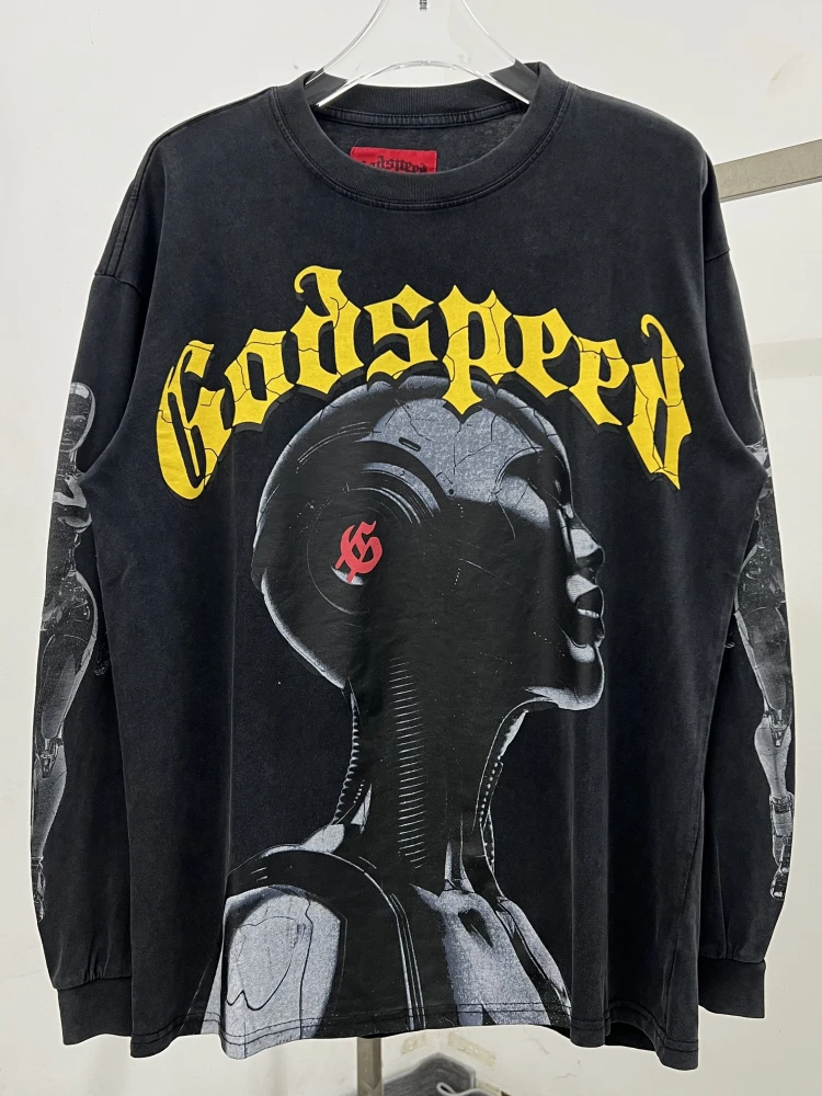 

Высококачественная футболка Godspeed American Waed в стиле ретро с принтом металлического робота-пришельца, из хлопка, с длинным рукавом, молодежная мода, антибактериальная...