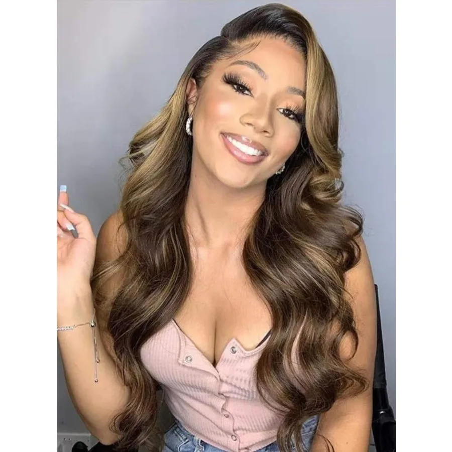 شعر مستعار بني طويل مموج مع تسليط الضوء على أشقر بني مختلط وتصميم الجزء الجانبي للنساء شعر مستعار اصطناعي طبيعي مثالي لـ D #1