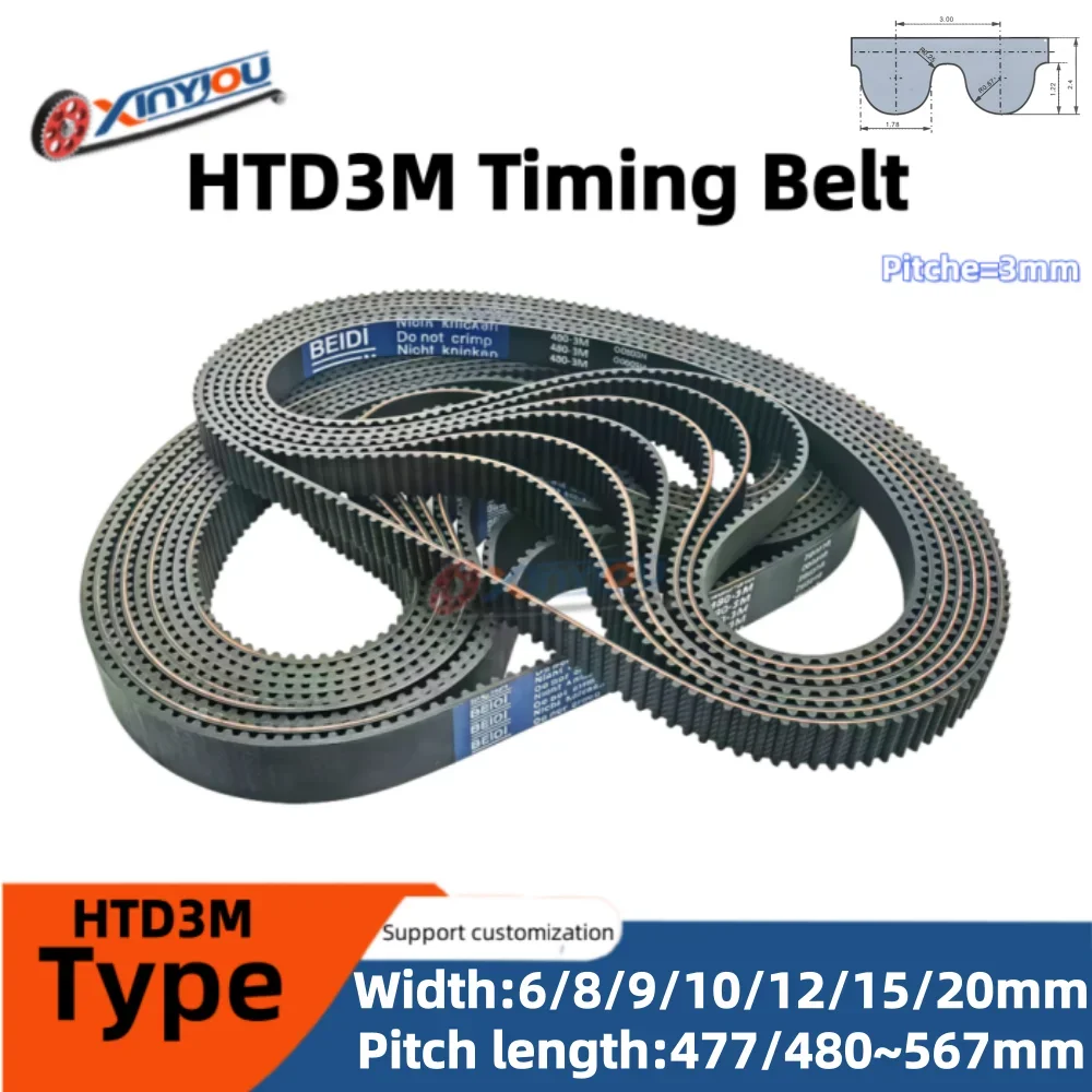 HTD3M Rubber Timing Belt 3mm Tooth Pitch Belt Width 6/8/9/10/12/15/18/20mm Pitch Length Options 477~567mm