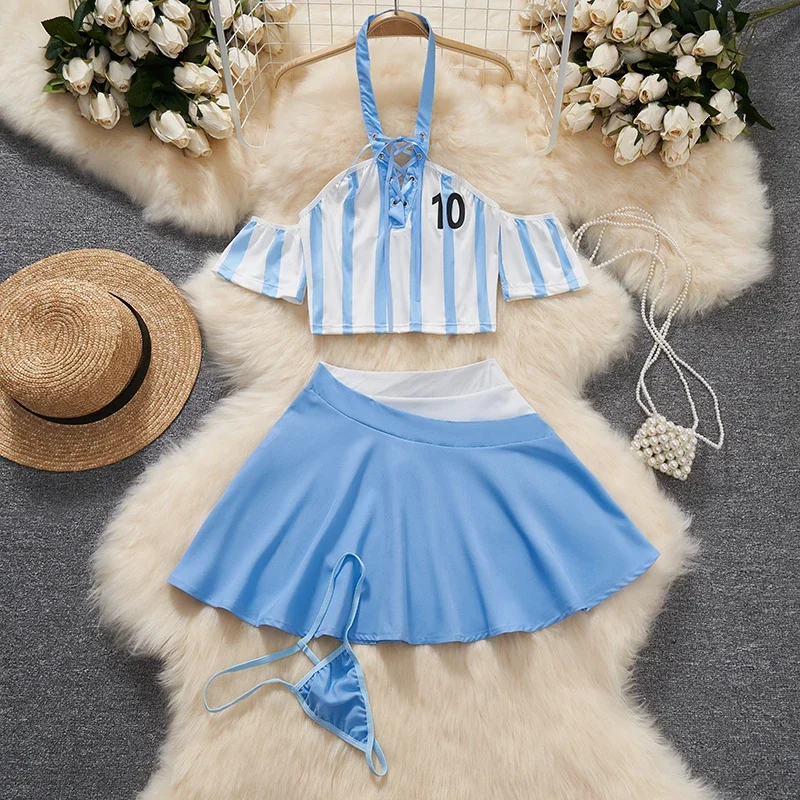 Voetbal Cheerleading Uniform 3 Stuks Pakken Korte Rok Vrouwen Kleding Lace-up Hals gemonteerde Streep Crop Top sexy Sets Sportief Nieuwe