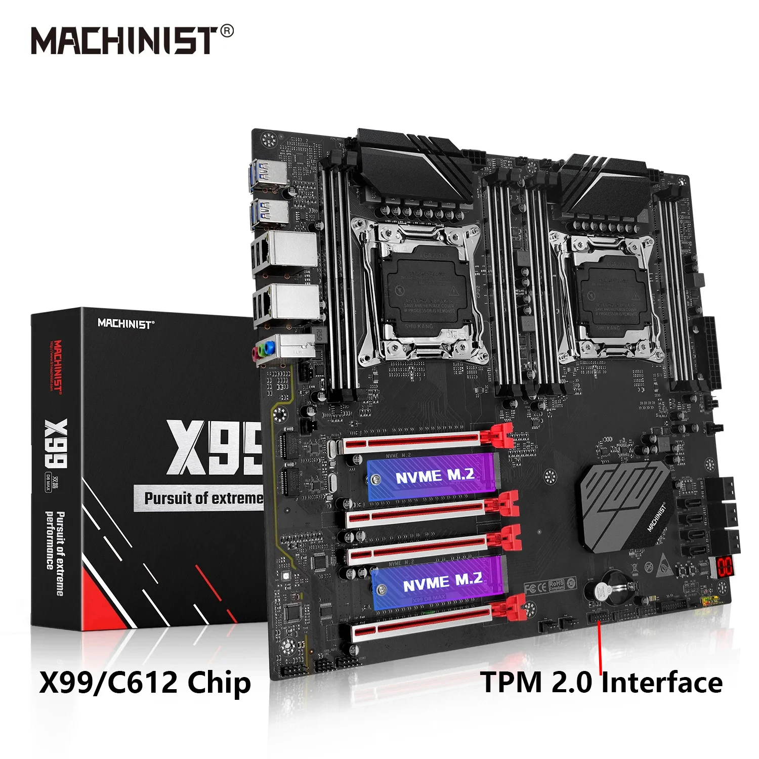 MACHINIST X99 D8 MAX Placa-mãe de CPU dupla LGA 2011-3 Suporte para porta TPM Intel Xeon E5 V3 e V4 DDR4 RAM Oito canais de memória