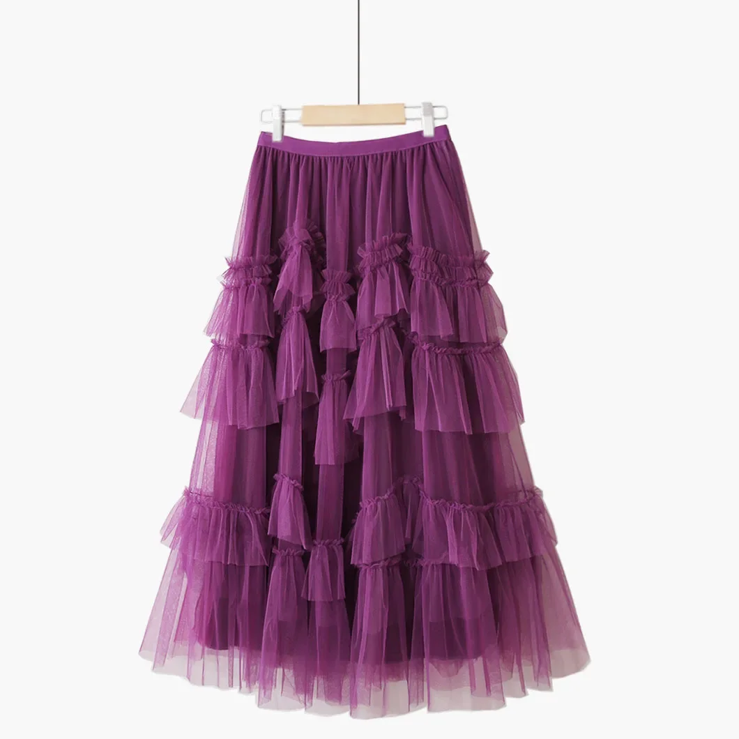 

Spring A-line Ruffles Cake Skirts Women Sweet Ruffles Mesh Skirts Lady Strechy Elastic Band Waist Mesh Skirts