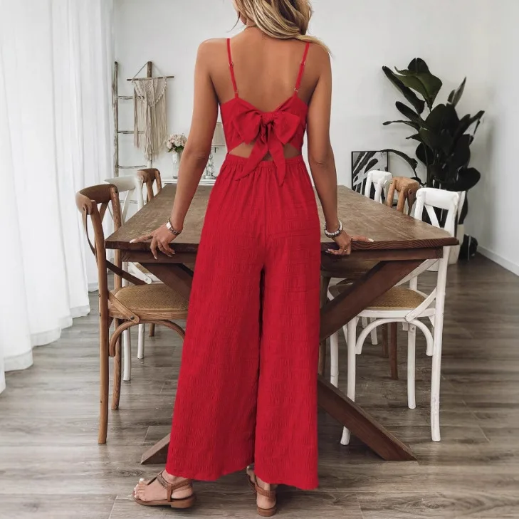 Women Summer Solid V Neck Spaghetti Strap Wide Leg Jumpsuit, High Waist Draped Loose Sleeveless Vacation Long Jumpsuit