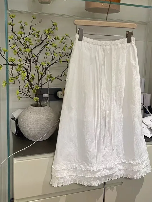 

plus Size Mid-Length A-Line Skirt with Drawstring Thin Lace Trim for Women Spring Summer High Waist Casual Korean Style