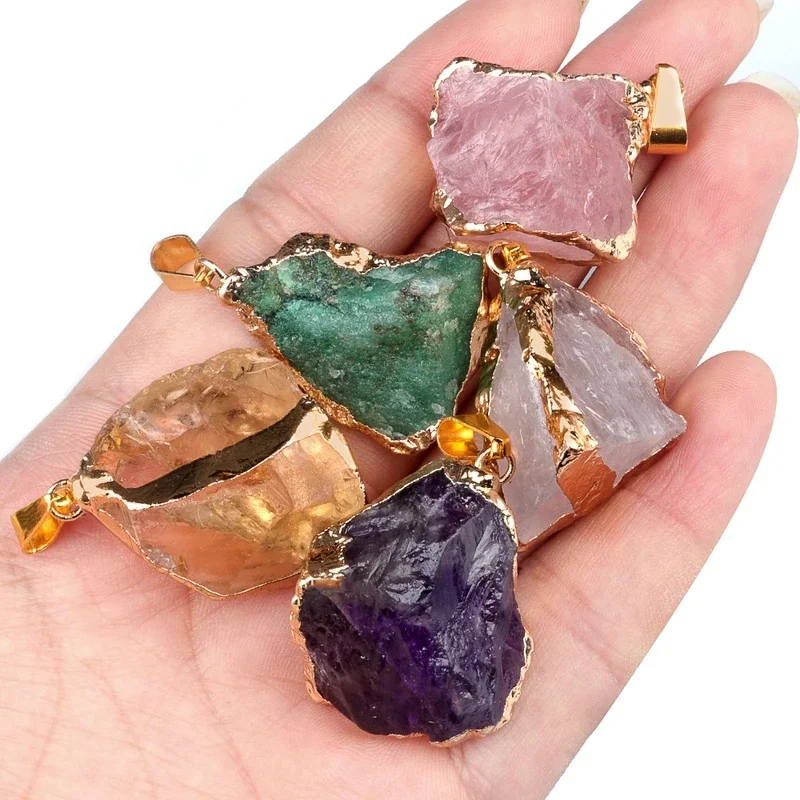 Natural irregular shape stone and crystal pendants 2535mm gold plated metal charms for jewelry making diy earring accessories