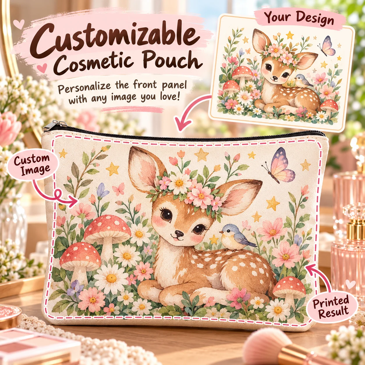 Custom Photo Canvas Makeup Bag Personalized Cosmetic Pouch Zipper Toiletry 14x22cm for Travel Women Birthday Gift Party Favor