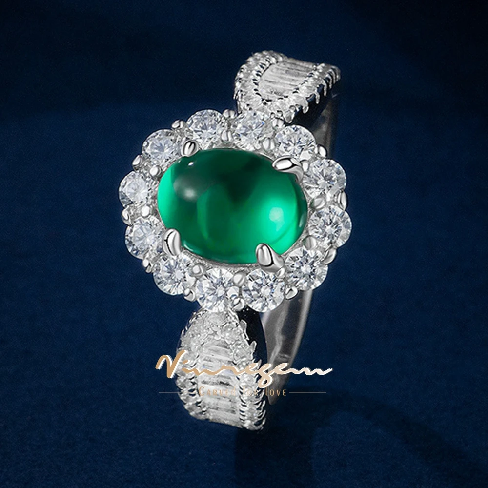

Vinregem 6*8 MM Oval Cut Emerald High Carbon Diamond Gems Vintage 925 Sterling Silver Cocktail Party Ring for Women Fine Jewelry